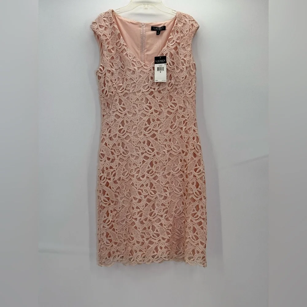 Lauren Ralph Lauren Blush Pink Lace Sheath V-Neck Sleeveless Cocktail Dress SZ 8 - Picture 12 of 15